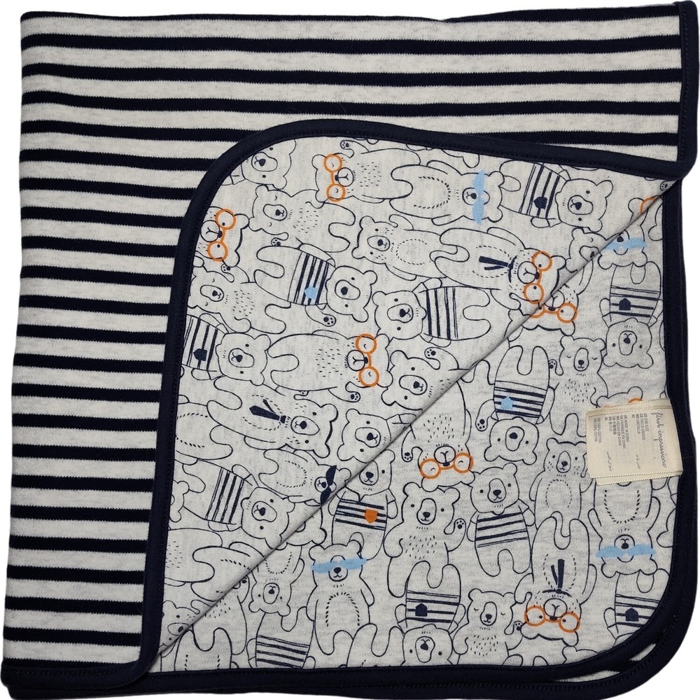 First Impressions Macy's 2019 Cotton‎ Bear Baby Blanket Gray Navy Stripe Lovey